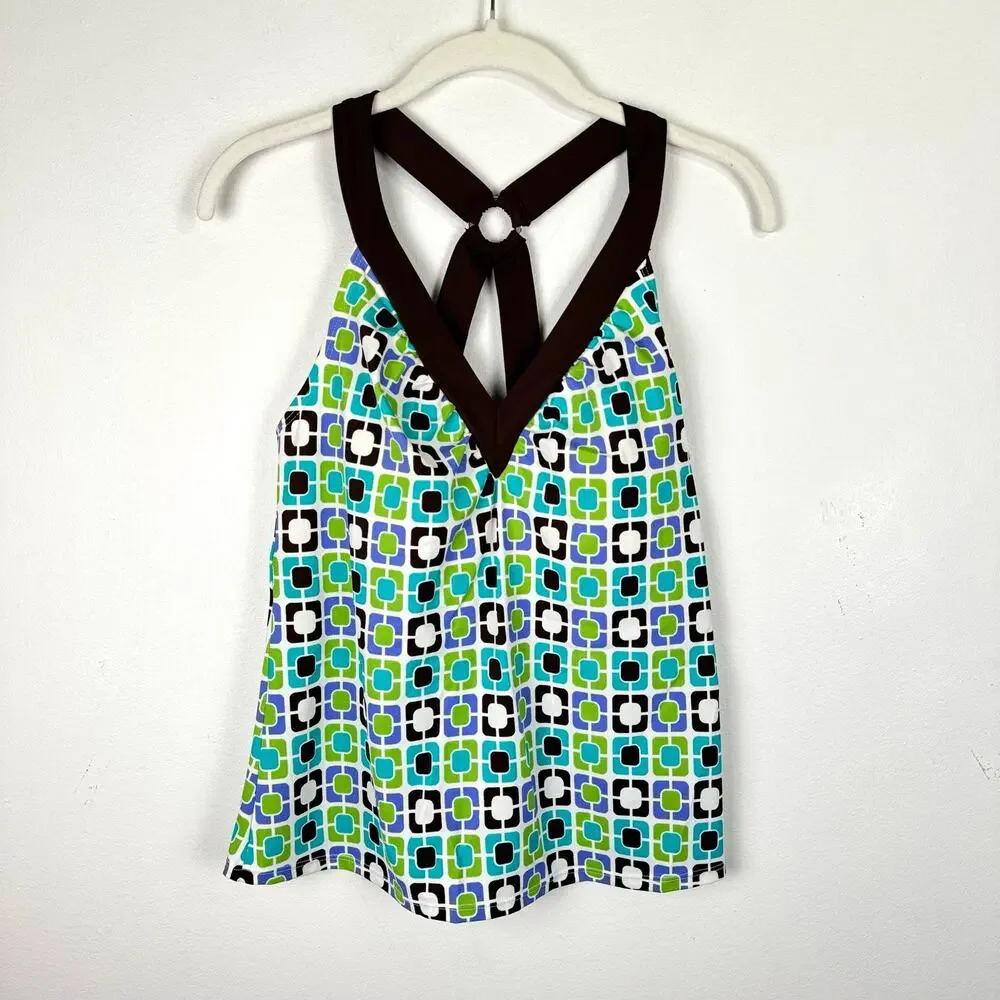 Vintage y2k Sonoma Retro Geometric Green Brown Halter Tankini Swim Top Size 14
